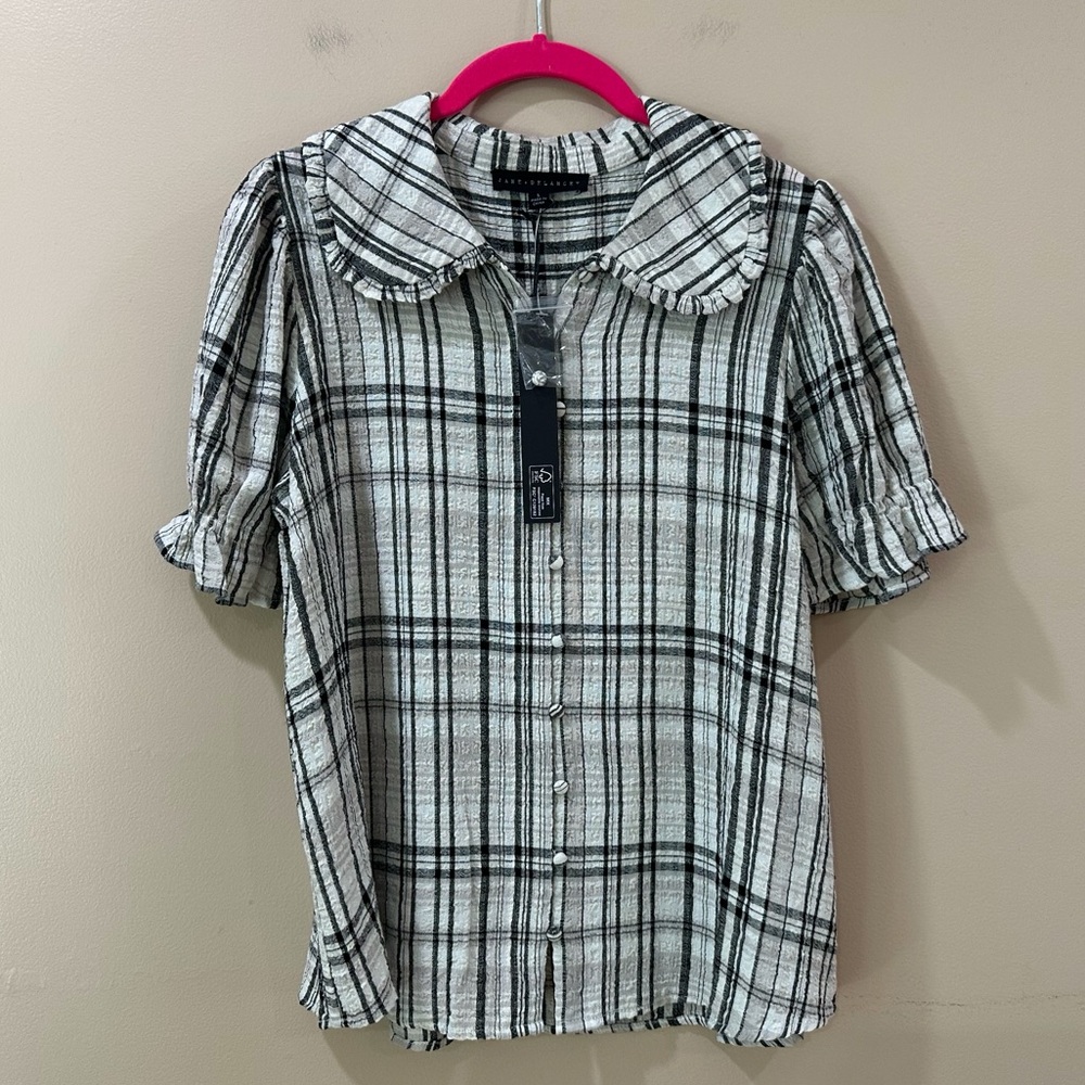 NWT Jane And Delancey Plaid Peter Pan Collar Blouse Top Short Sleeve Women S